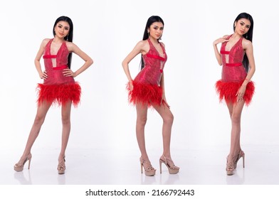 Full Length Of Young Asian 20s Beautiful Woman, Look At Camera, Wear Sparkling Sequin Evening Gown High Heels Shoes. Pageant Female Poses In Red Short Skirt Dress Over White Background Isolated