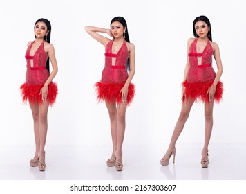 Full Length Of Young Asian 20s Beautiful Woman, Look At Camera, Wear Sparkling Sequin Evening Gown High Heels Shoes. Pageant Female Poses In Red Short Skirt Dress Over White Background Isolated