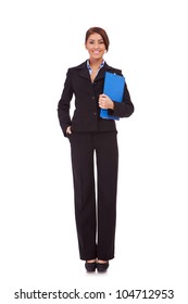 Full Length Young Business Woman Standing With Her Clipboard Isolated On White Background