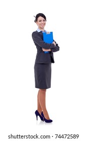 Full Length Young Business Woman Standing With Her Clipboard Isolated On White Background