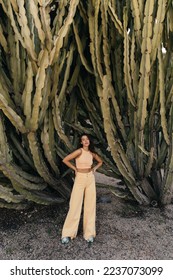 In full length of young caucasian woman looking at camera stands near big cactuses in background. Brunette wears top and jeans. Tourism, vacation concept. - Shutterstock ID 2237073099