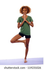 Full Length Of Young Smiling Black Woman Doing Yoga Exercise Isolated Over White Background