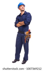 Full length of a young worker standing on a white background