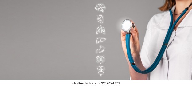 Full medical check-up, complex health checkup of all body organs concept. Examining brain, heart, digestive system, lungs, bladder, and intestine. High quality photo