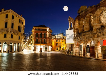 Full Moon above Piazza Bra and Ancient Roman Amphitheater in Verona, Italy