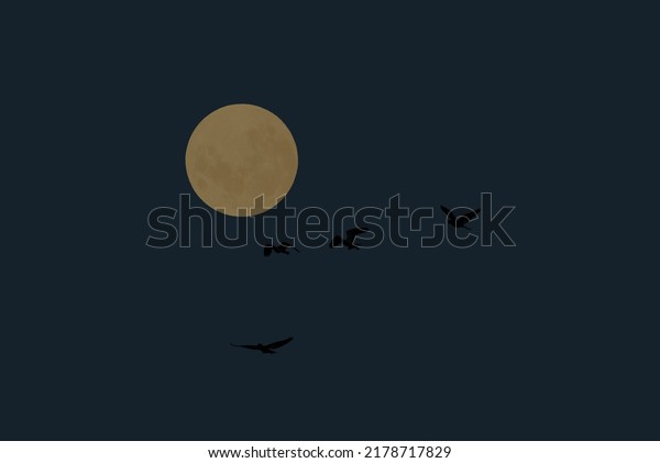 Full moon\
with bird silhouette in the dark\
night.