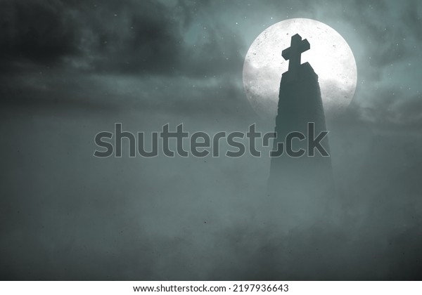 Full moon with dark cloudscapes and cross on the\
night. Halloween concept