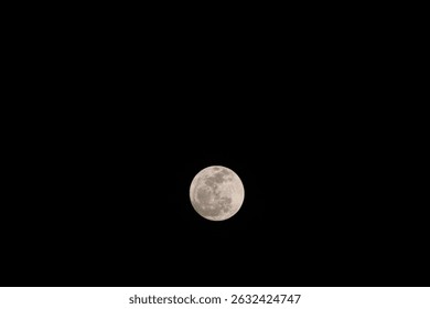Full moon in dark night sky with negative space. Perfectly round. Clear lunar surface with visible craters. Astronomy, space, celestial body, night sky background, moonlight, astrophotography. Blur
