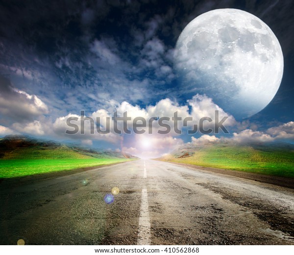 full moon and empty rural\
road