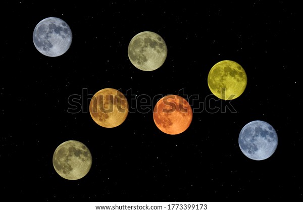Full\
moon multiple multicolored on black sky with\
stars