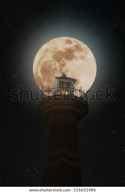 Full Moon Night Lighthouse On Clear Stock Photo (Edit Now) 516631486