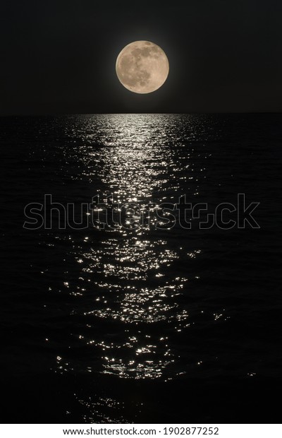 Full moon at night over the sea and lunar path on\
the water surface