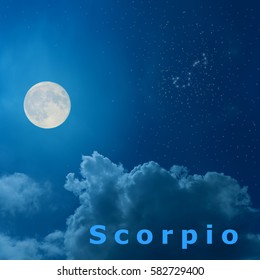 Full Moon In The Night Sky With Design Zodiac Constellation Scorpio