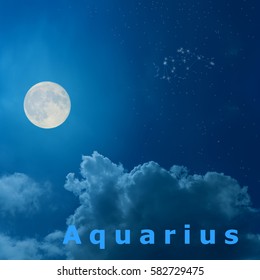 Full Moon In The Night Sky With Design Zodiac Constellation Aquarius