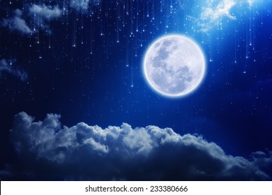 Full Moon In Night Sky With Falling Stars And Mysterious Light From Above. Elements Of This Image Furnished By NASA 