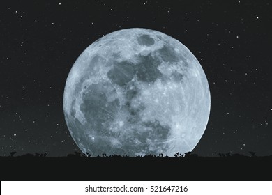 Full moon at night with stars with silhouette glass lawn. full moon background