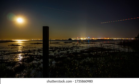 Full Moon On The Atlantic City Skyline During High Tide