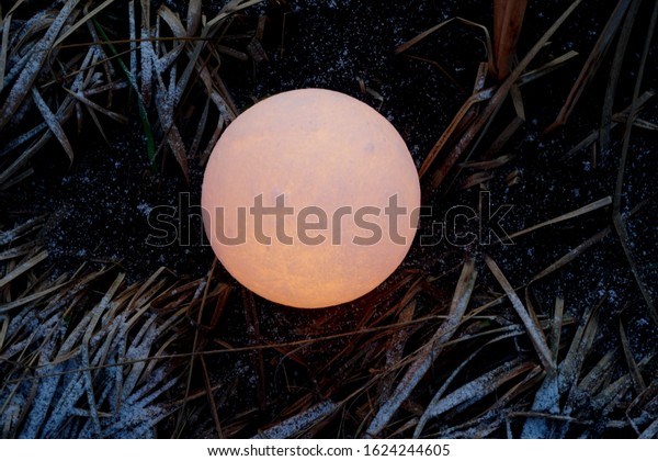 A full\
moon on the ground during the evening. Lunar model, moon-shaped\
lamp with moon craters            \

