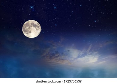 full moon on starry night at sunset sea , blue  pink cloudy sky sunset light horizon boat skyline nature landscape  - Shutterstock ID 1923756539
