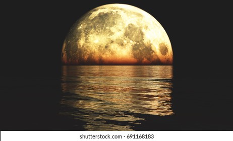 Full Moon on the water,reflect on the sea,Science Fiction Scene,purple cloud & smoke flying.3D rendering.
