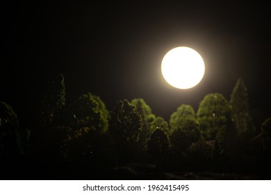 Full moon over the forest at night. Scenic night landscape of country road at night with large moon. Miniature decoration. Selective focus - Shutterstock ID 1962415495