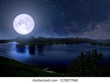 1,635 Moon night landscape forest lake full Images, Stock Photos ...