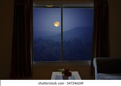 Full Moon Over The Valley In Window View