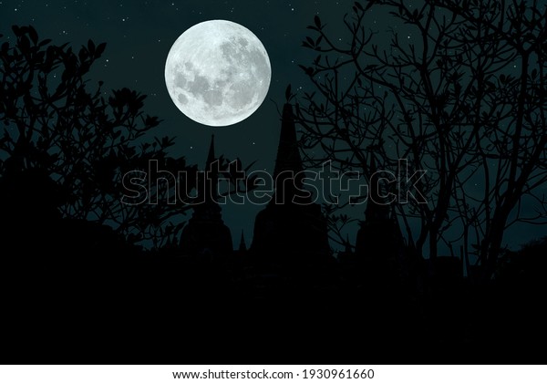 Full moon with pagoda and tree silhouette  in the\
dark night.