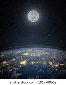 Full Moon. And Planet Earth Against The Background Of The Starry Night Sky. Space Background With Earth And Satellite Moon. Elements Of This Image Furnished By NASA.