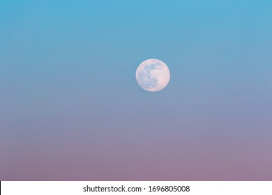 Full moon rising during spring evening with blue and pink sky.