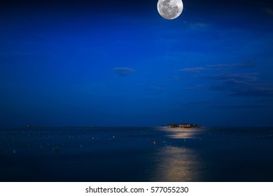 Full Moon In The Sea Weed Farm, Sabah. Malaysia.