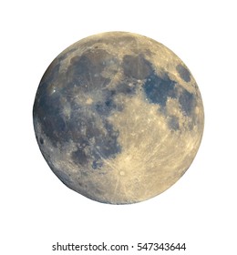 Full Moon Seen With An Astronomical Telescope, With Enhanced Colours To Show The Real Colours Of Terrain Surface - Isolated Over White Background, With Craters And Mountains Visible On The Border