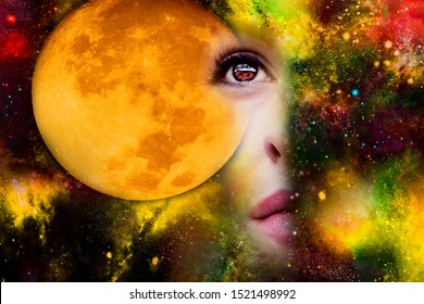 Full Moon In Space And Woman