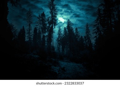 Full moon through the clouds over the spruce trees of magic mysterious night forest. Halloween backdrop.