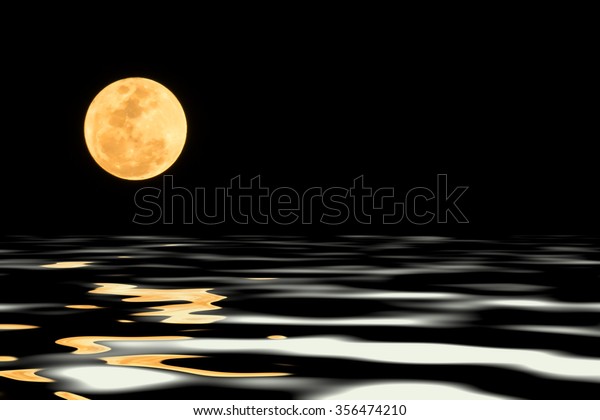 Full moon and
water reflect on black
background