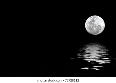 Full Moon With Water Reflection With Copy Space To The Left