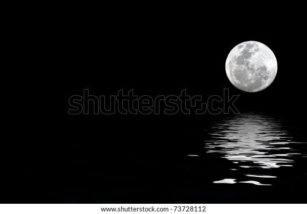 full moon with water reflection with copy space to\
the left