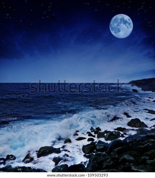 full moon and wild sea in\
the night