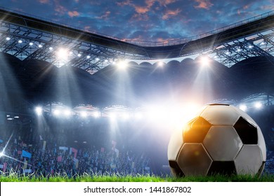 Full Night Football Arena In Lights With Ball Close Up