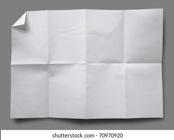 Full Page Of White Paper Folded And Wrinkled On Gray Background With Shadow