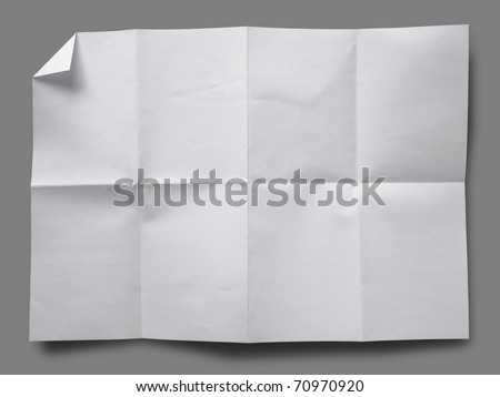 Full page of White paper folded and wrinkled on gray background with shadow