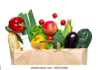 Full Paper Bag Of Different Health Food On A White Background. Top View. Flat Lay