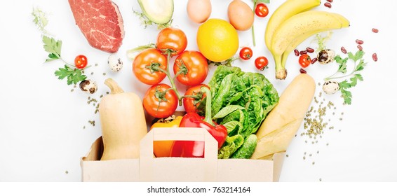 Full paper bag of different health food on a white background. Top view. Flat lay - Shutterstock ID 763214164
