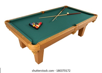 Full pool table with green top, balls, and cue on white 