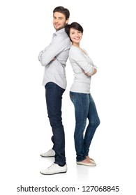 Full portrait of happy couple isolated on white background. Attractive man and woman being playful.