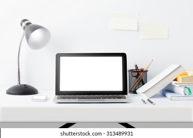 Full Portrait Of Modern Workspace Desktop On White Background