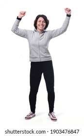 Full Portrait Woman Happy And Arms Up On White Background