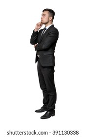 Full Portrait Of Young Man In Business Suit, Thinking About Something, Isolated On A White Background