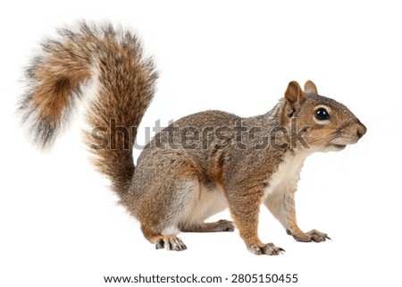 A full profile view of a grey squirrel with a large fluffy tail from ultra-realistic-photo-squirrel-one-object-only--si.jpg isolated on white transparent background.
