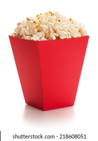 Full red bucket of popcorn, isolated on the white background, clipping path included.